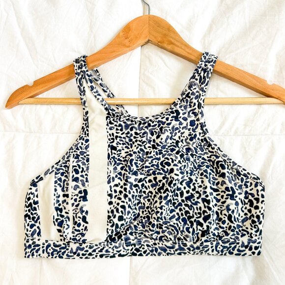 Athleta Zimbabwe High Neck Bikini Top Navy Blue White Animal Print 34 B/C - Picture 2 of 6